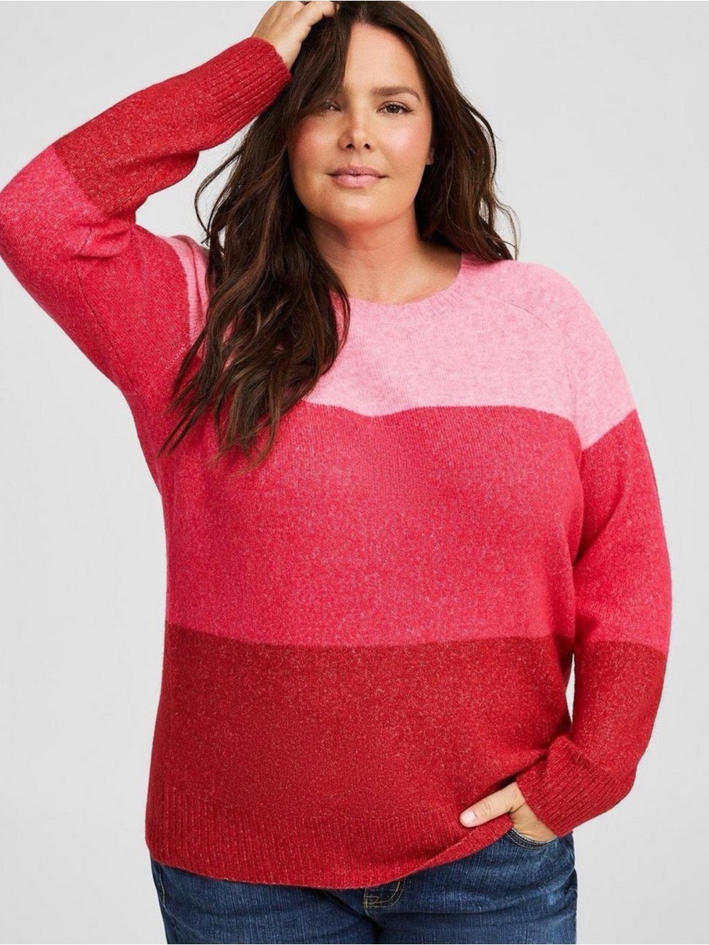 torrid vegan cashmere Pink and Red Striped Crewneck Sweater